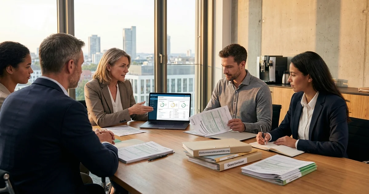 Verschiedene Unternehmer besprechen Kassenbuchpflichten in Deutschland