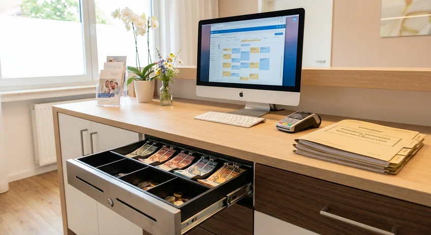 Empfangstresen einer Praxis mit Kassenlade und Terminplaner