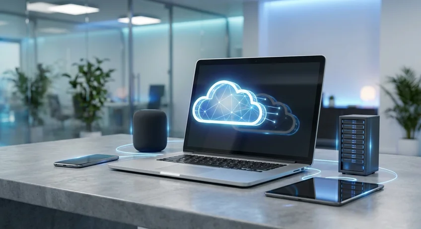 Moderner Laptop mit Cloud-Symbol auf dem Bildschirm in Tech-Büroumgebung