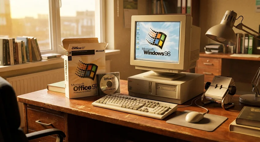 Desktop-Computer mit Software-Box und Installations-CD auf traditionellem Büroschreibtisch