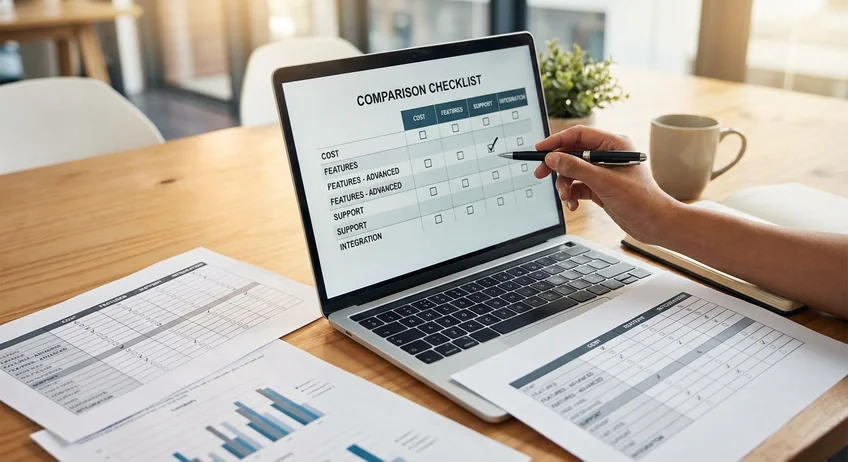 Laptop zeigt Vergleichstabelle für Kassenbuch-Software auf professionellem Schreibtisch