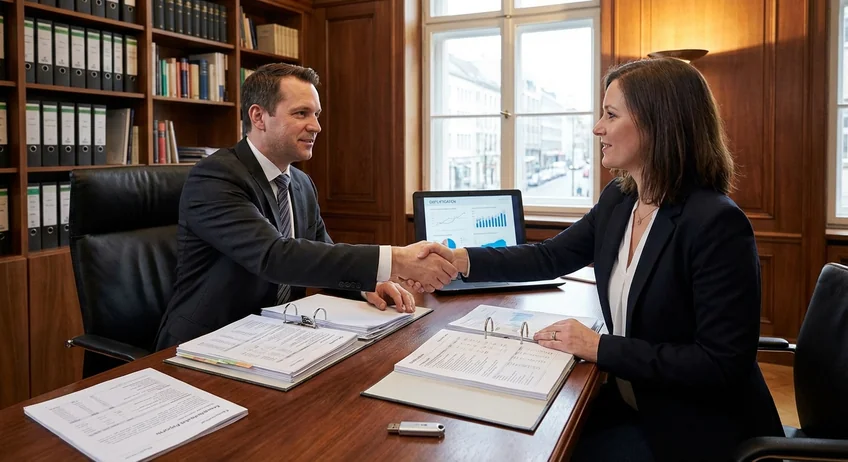 Besprechung zwischen Mandant und Steuerberater mit Laptop und Berichten auf dem Tisch