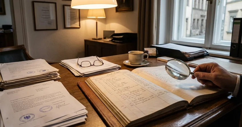 Finanzprüfer prüft Kassenbuch-Korrekturen mit Lupe und rotem Stift