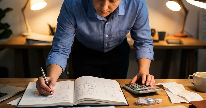 Unternehmer korrigiert Kassenbuch-Eintrag mit Stornobuchung am Schreibtisch