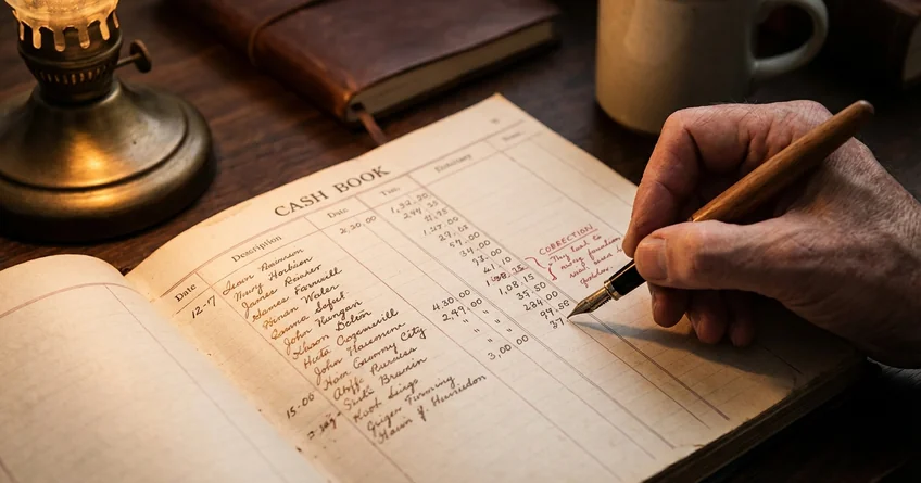 Kassenbuch mit Stornobuchung: durchgestrichene Buchung und korrigierende Gegenbuchung mit Vermerk