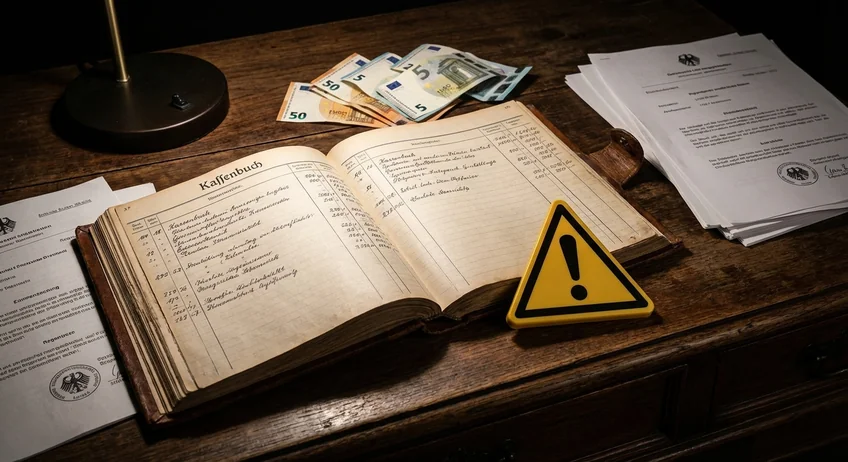 Kassenbuch mit Warnschild und Gesetzestext auf Schreibtisch