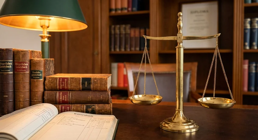 Waage der Gerechtigkeit mit Gesetzestexten und Kassenbuch