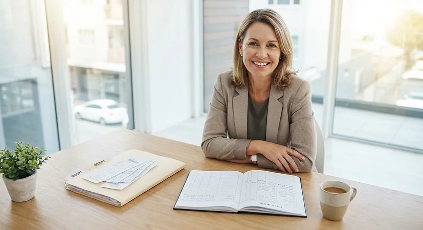 Zufriedener Unternehmer mit ordentlich geführtem Kassenbuch am aufgeräumten Schreibtisch