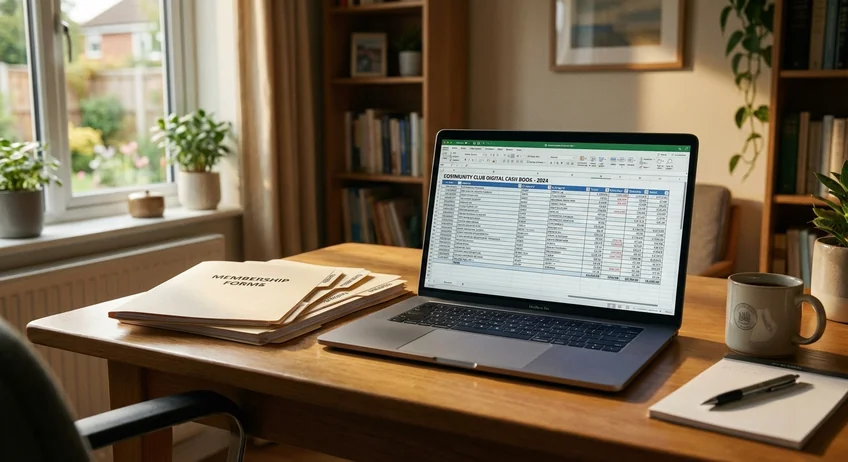 Digitales Kassenbuch auf Laptop mit Vereinsunterlagen
