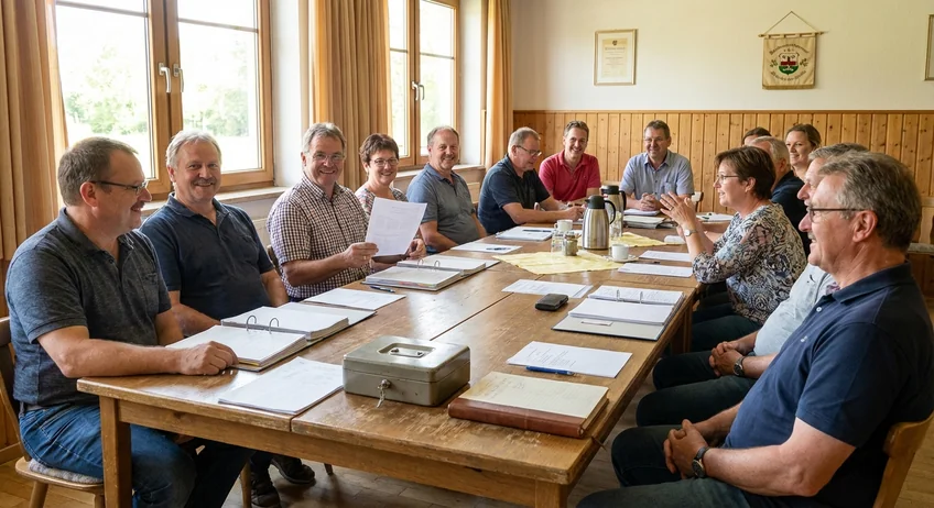 Vereinssitzung mit Kassenbuch und Unterlagen auf dem Tisch