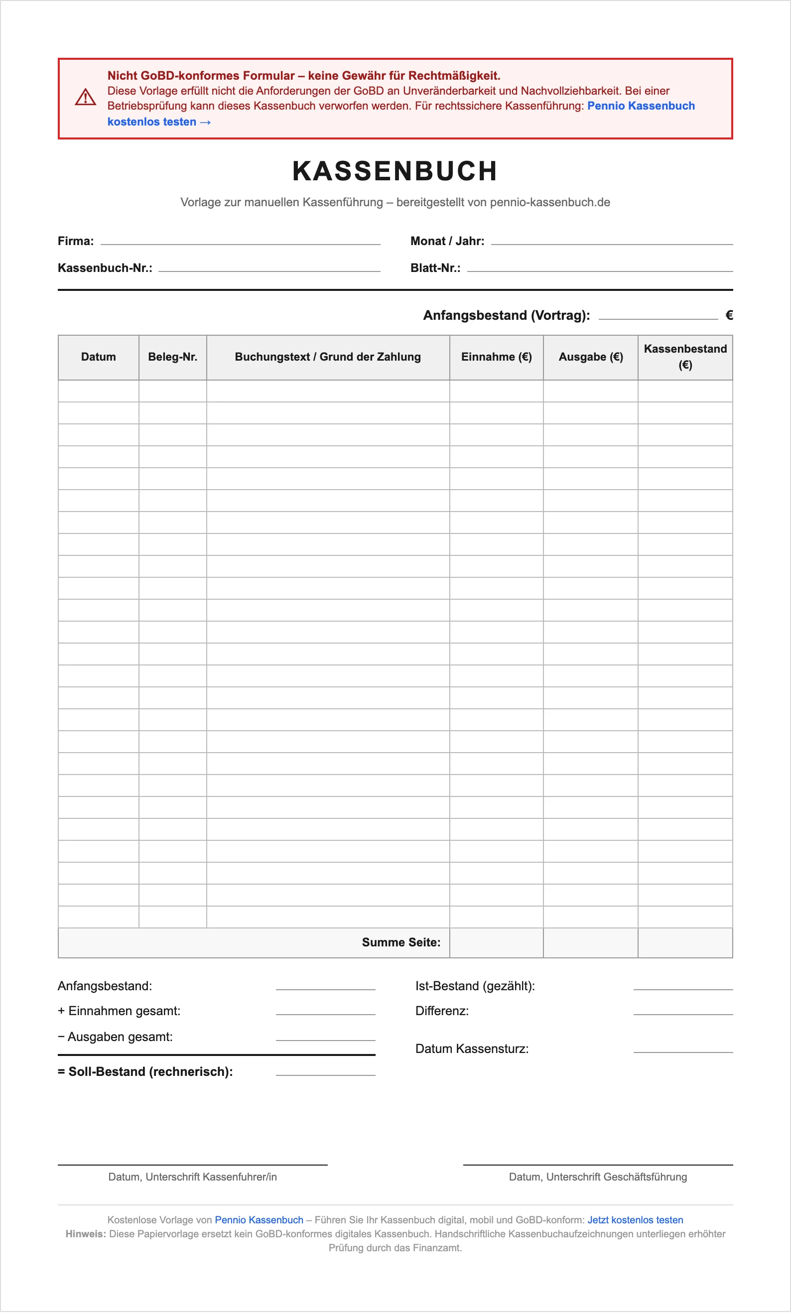 Kassenbuch-Vorlage zum Ausdrucken – kostenloses Muster (PDF) mit allen Pflichtfeldern: Datum, Beleg-Nr., Buchungstext, Einnahme, Ausgabe und laufender Kassenbestand