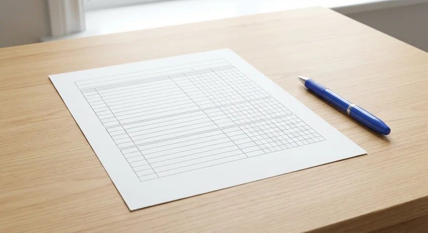 Gedrucktes Kassenbuch-Formular auf A4-Papier mit Kugelschreiber