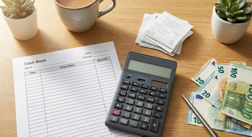 Kassenbuch Vorlage auf dem Schreibtisch mit Taschenrechner und Belegen