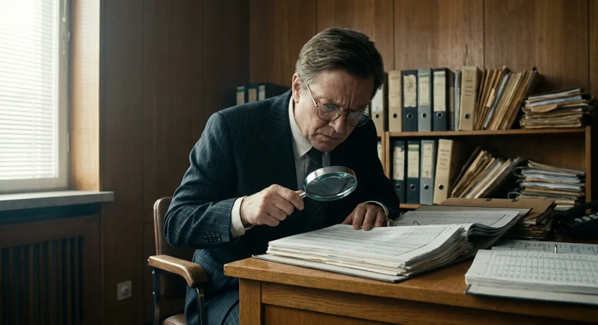 Betriebsprüfer mit Lupe untersucht Kassenbuch auf Fehler und Ungereimtheiten