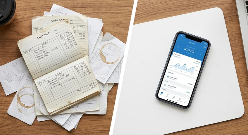 Vergleich zwischen Papier-Kassenbuch und digitalem Kassenbuch auf dem Smartphone