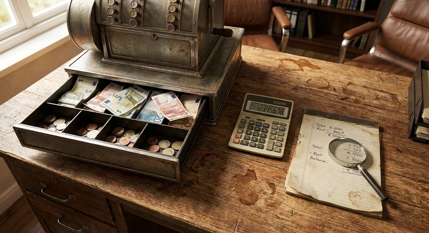 Kassenbuch neben gezähltem Bargeld mit sichtbarer Differenz zwischen Soll- und Ist-Bestand