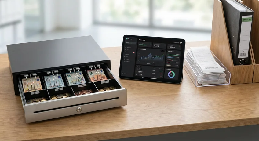 Kassiererin führt täglichen Kassensturz mit Zählprotokoll durch