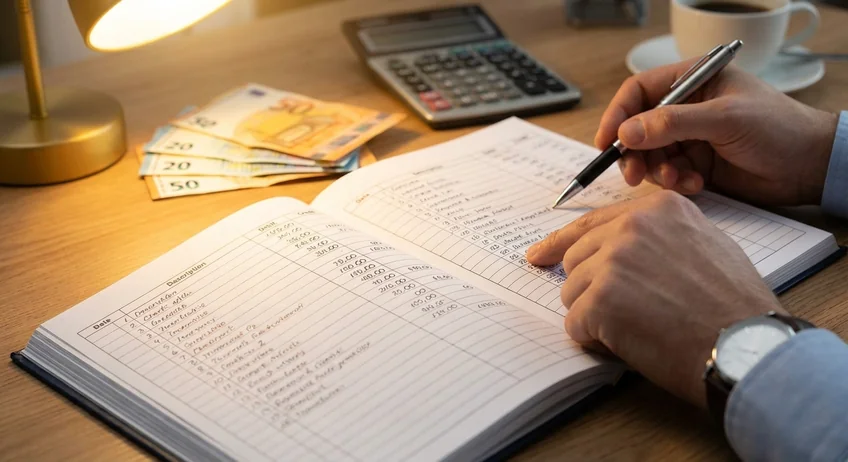 Buchungssatz für Kassenfehlbetrag mit Kassenbuch und Taschenrechner