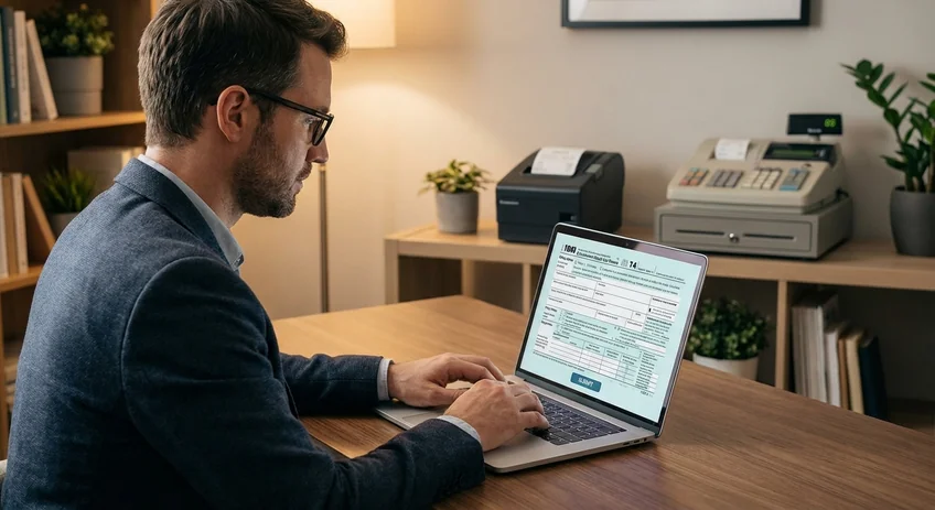Unternehmer meldet sein elektronisches Kassensystem über ELSTER am Computer
