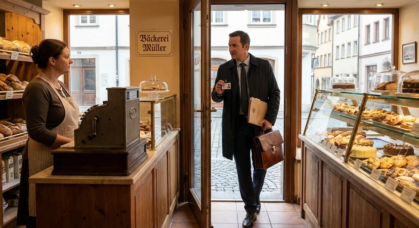 Finanzbeamter bei der Kassennachschau prüft Kassenbuch und Belege in einem Geschäft