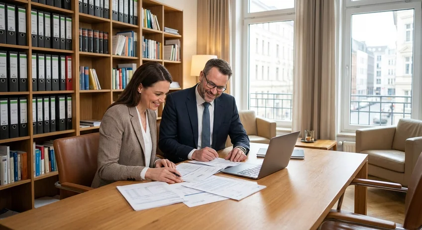 Unternehmerin bespricht Kassennachschau mit Steuerberater am Schreibtisch