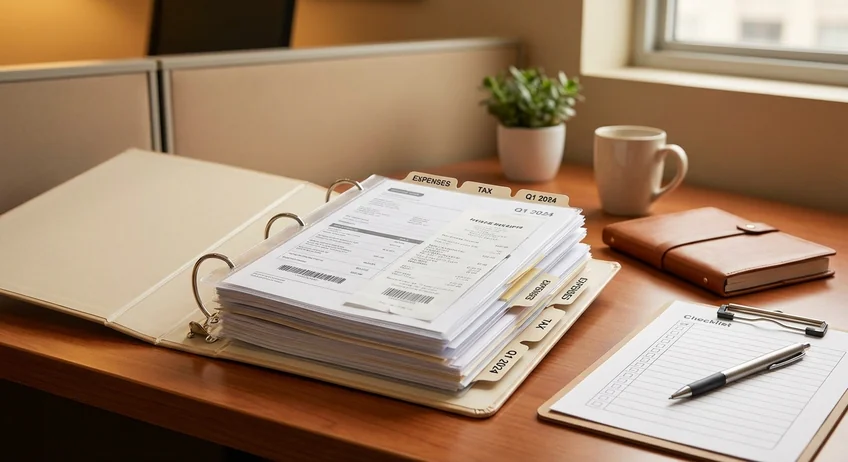 Ordner mit Kassenbuch, Belegen und Checkliste für die Kassennachschau bereitgelegt