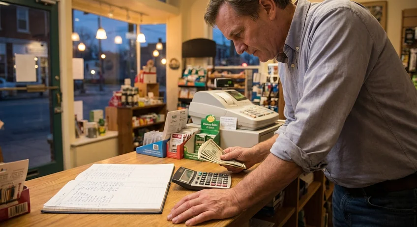 Geschäftsinhaber zählt Bargeld beim Selbst-Audit am Ladentisch