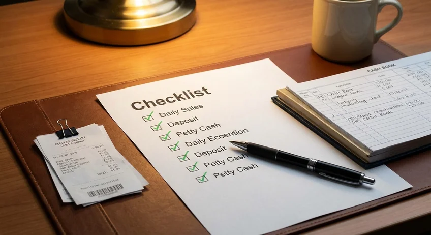 Checkliste mit Häkchen neben Kassenbuch und Belegen auf Schreibtisch