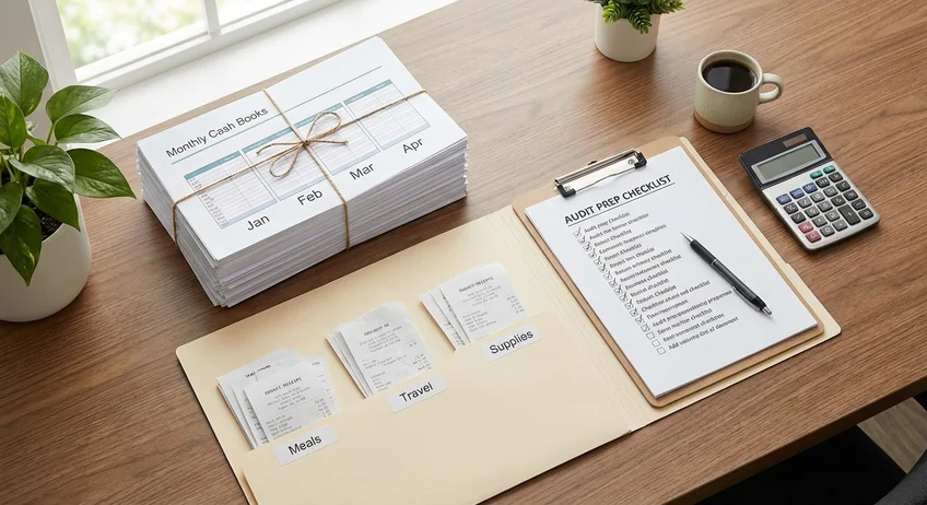 Organisierter Schreibtisch mit Kassenbuch-Ausdrucken, Belegen und Checkliste