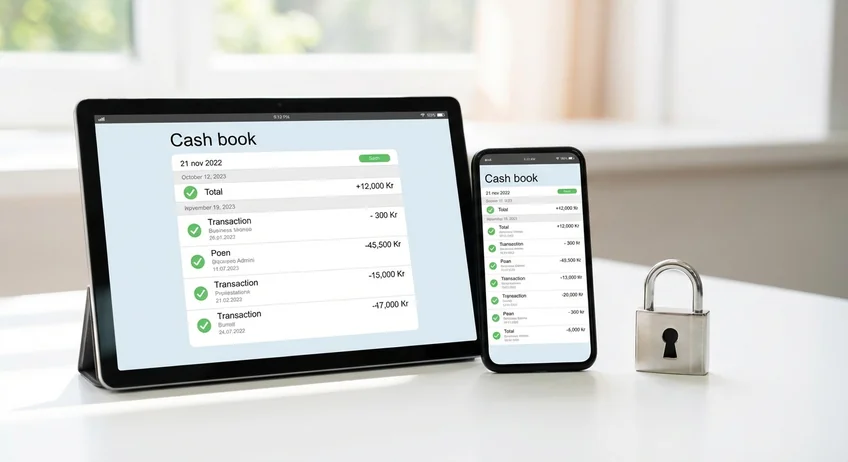 Tablet und Smartphone mit digitalem Kassenbuch und Sicherheitssymbol