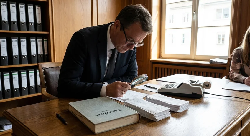 Finanzbeamter prüft Kassenbuch und Belege bei einer Kassenprüfung