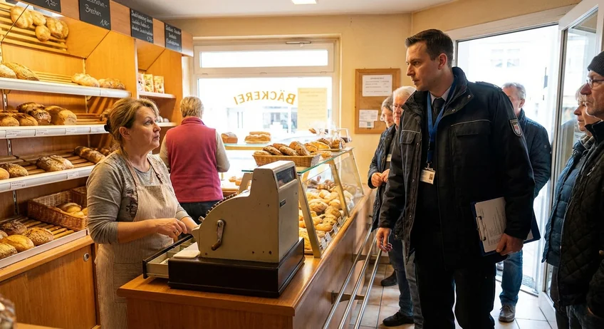 Finanzbeamter bei einer unangekündigten Kassennachschau in einem Geschäft