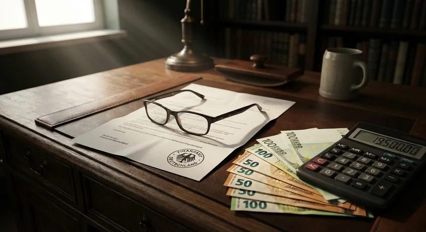 Steuerbescheid mit Bußgeld und Euro-Bargeld auf dem Schreibtisch