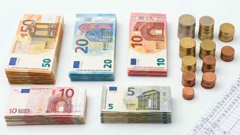 Bargeld sortiert nach Stückelung beim Kassensturz – Scheine und Münzen auf dem Tresen