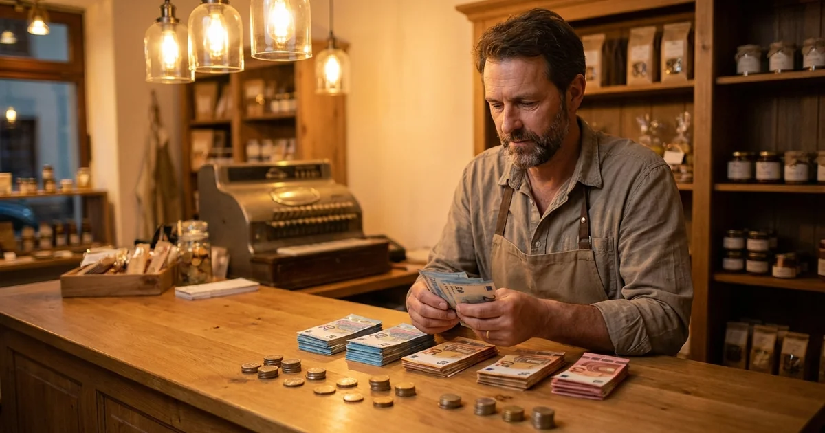 Unternehmer zählt Bargeld beim täglichen Kassensturz
