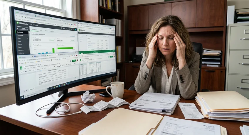 Überforderter Geschäftsinhaber vor großem Monitor mit komplexer Buchhaltungssoftware