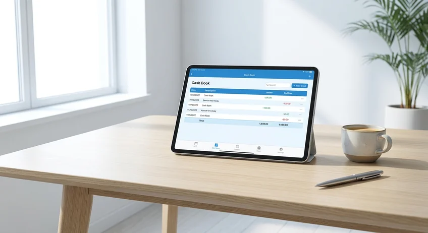 Aufgeräumter minimalistischer Schreibtisch mit Tablet zeigt einfache Kassenbuch-Oberfläche