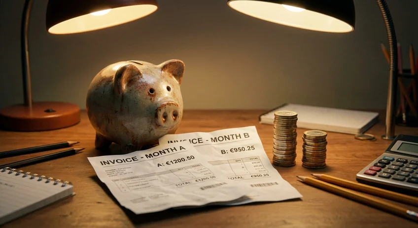 Sparschwein auf Schreibtisch neben zwei Rechnungen mit unterschiedlichen Monatskosten
