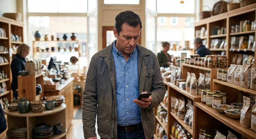 Geschäftsinhaber prüft mobil sein Kassenbuch auf dem Smartphone im Laden