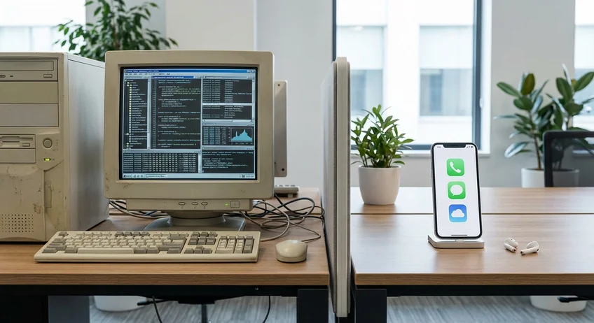Vergleich: alter Desktop-PC mit komplexer Software links, modernes Smartphone mit einfacher App rechts