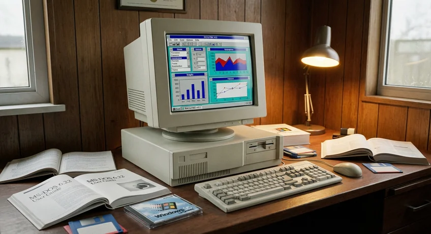 Traditioneller Desktop-Computer mit Software-Box und Handbüchern auf Büroschreibtisch