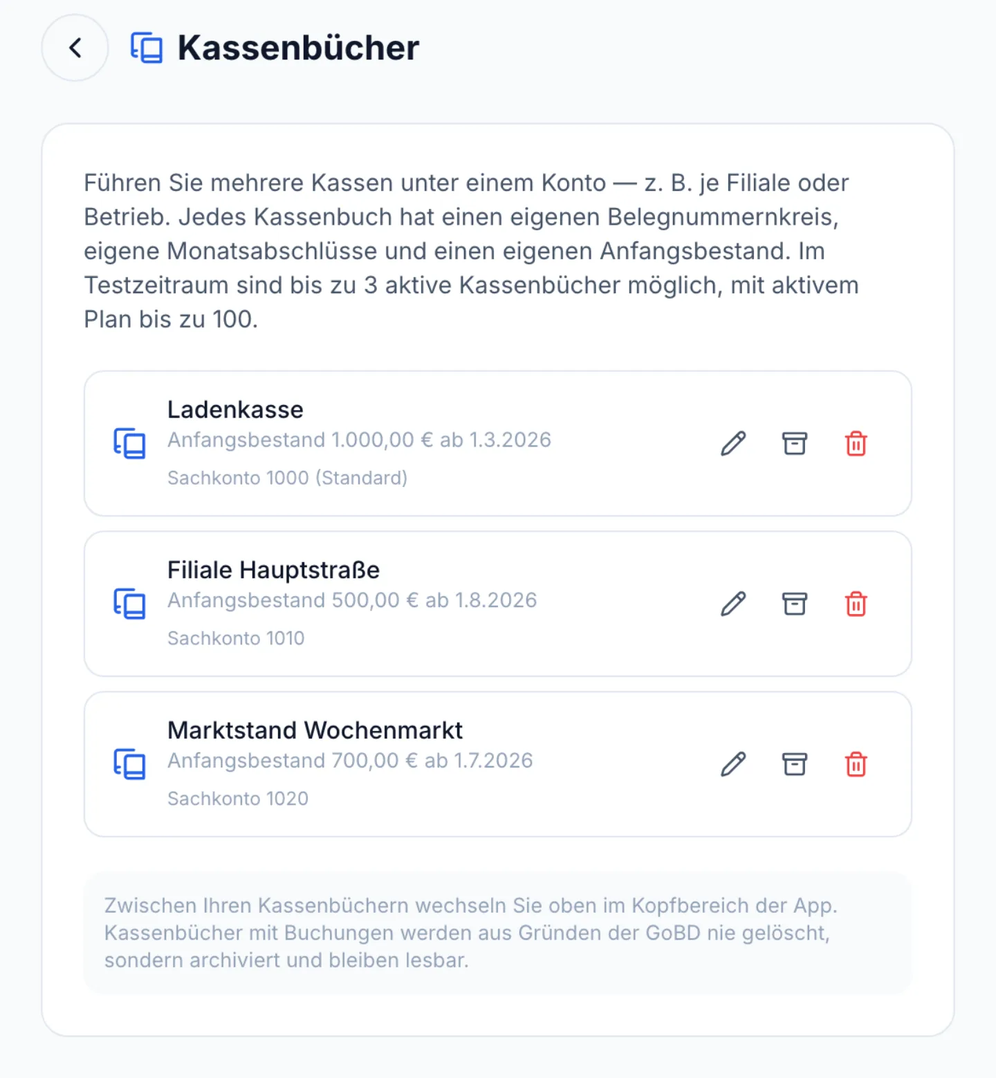 Buch-Verwaltung in Pennio: drei Kassenbücher mit Anfangsbestand und Sachkonto