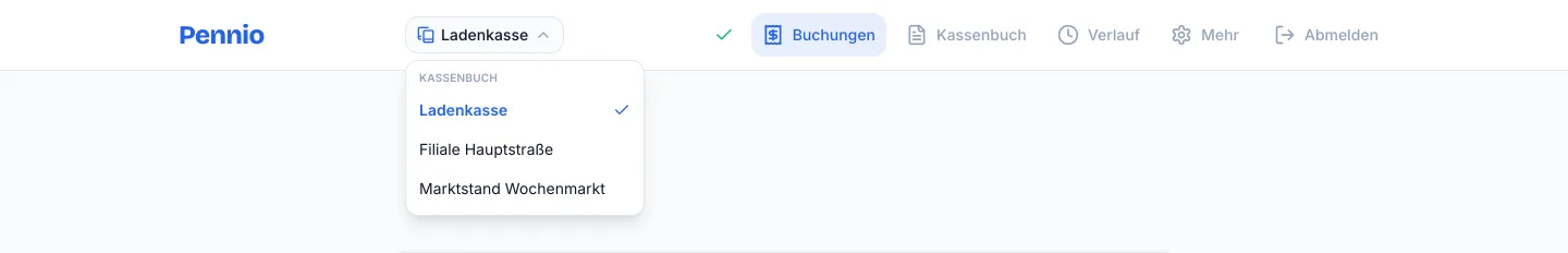 Kassenbuch-Umschalter im Kopfbereich der Pennio Web-App mit drei Kassenbüchern