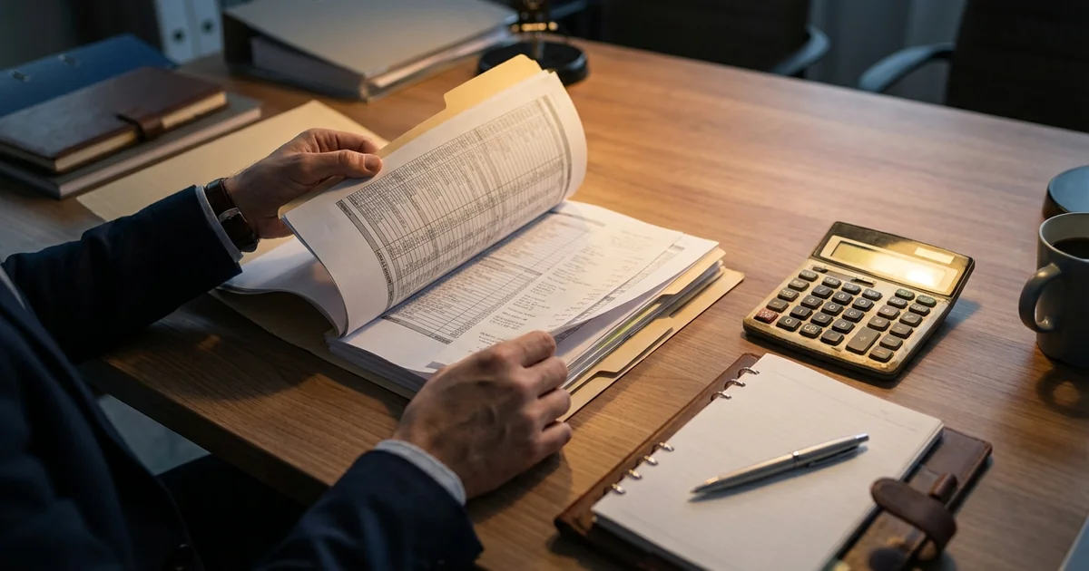 Finanzamt-Prüfer kontrolliert Kassenunterlagen bei einer Kassennachschau