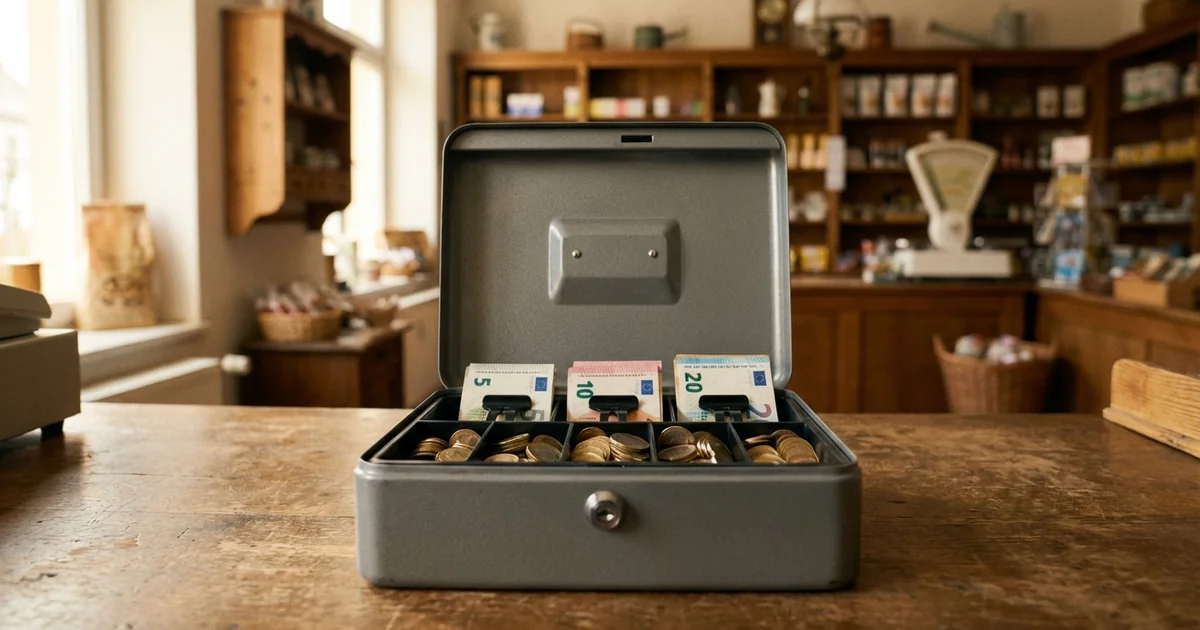 Offene Ladenkasse mit Euro-Münzen und Scheinen in einer Geldkassette