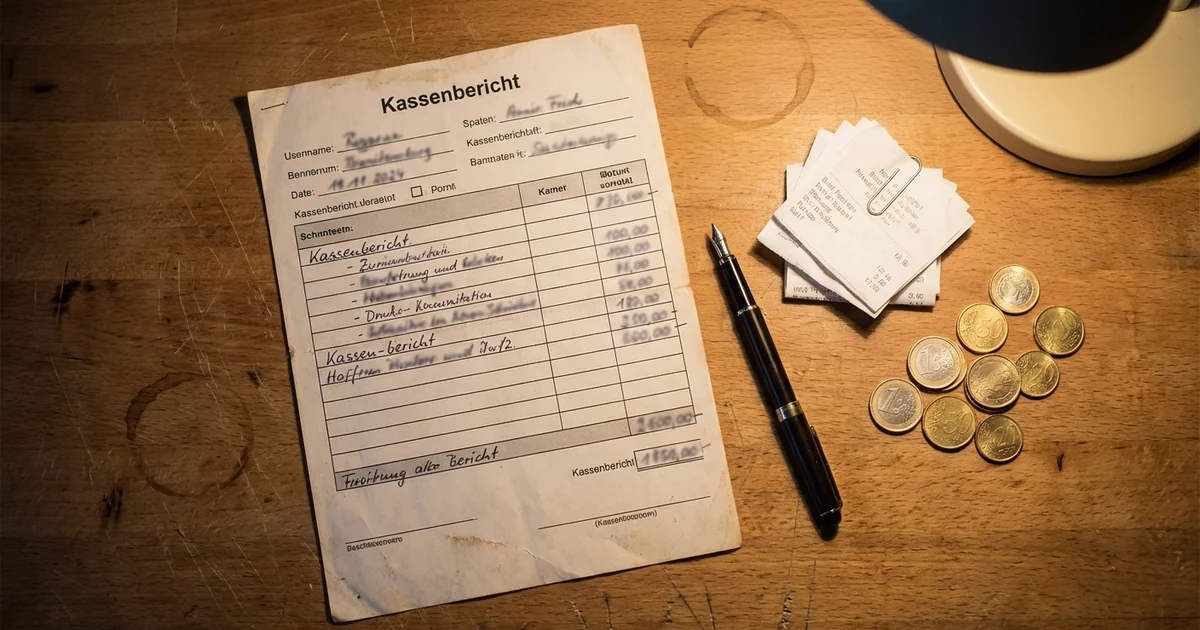 Handschriftlicher Kassenbericht neben einer offenen Geldkassette