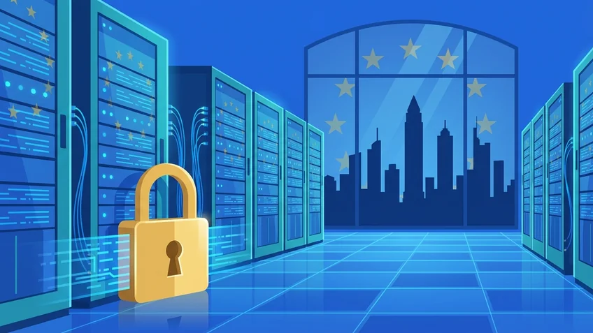 Serverraum-Illustration mit EU-Flagge und Schloss-Symbol für sichere Datenspeicherung