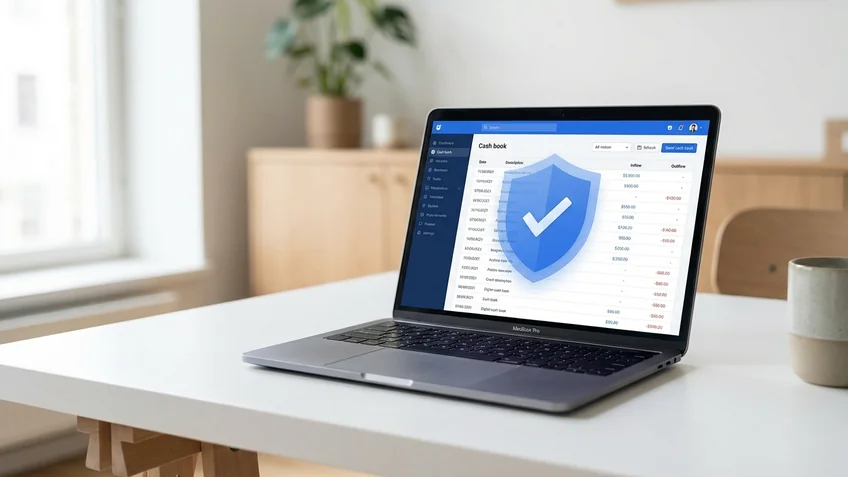 Digitales Kassenbuch auf Laptop-Bildschirm mit Schild-Symbol für GoBD-Konformität