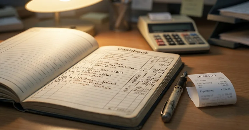 Kassenbuch-Eintrag einer Privatentnahme mit Eigenbeleg und Buchungstext