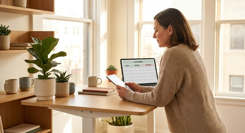Entspannter Geschäftsinhaber nutzt einfache Kassenbuch-App auf dem Tablet am Stehpult
